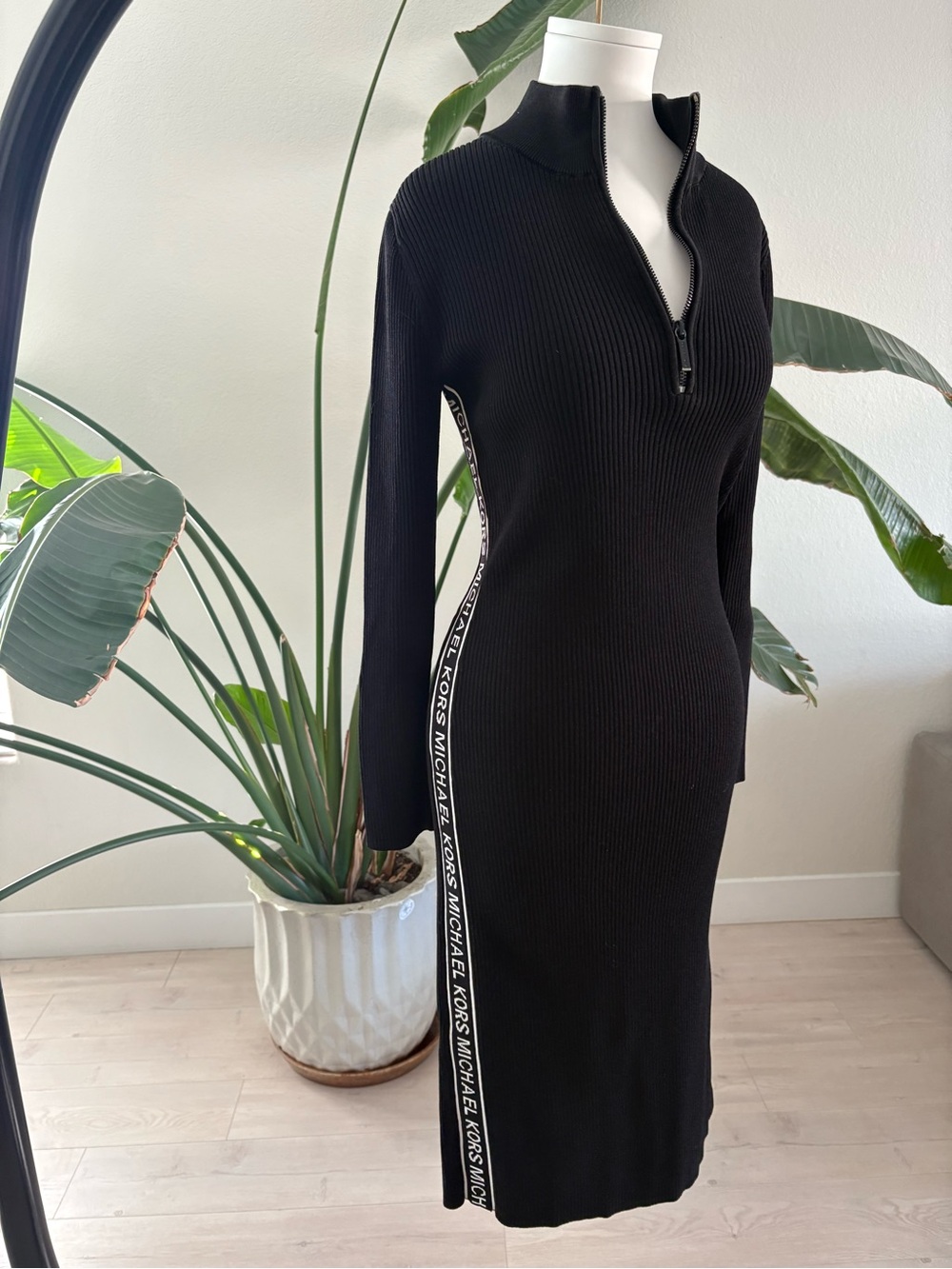 Michael Kors Black Ribbed Zip-Front Midi Dress with Logo Tape
